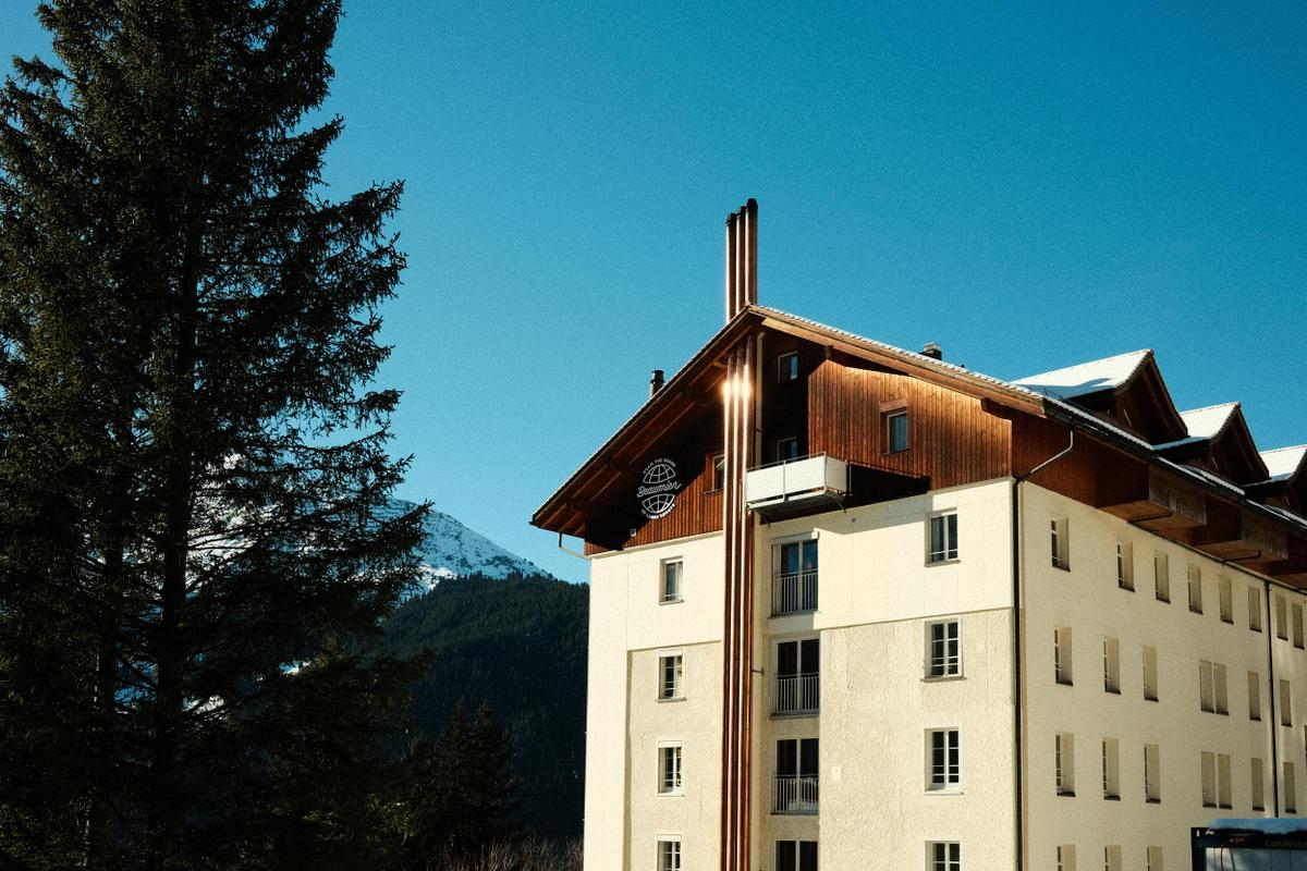 Grand Hotel Belvedere facade in winter with blue sky