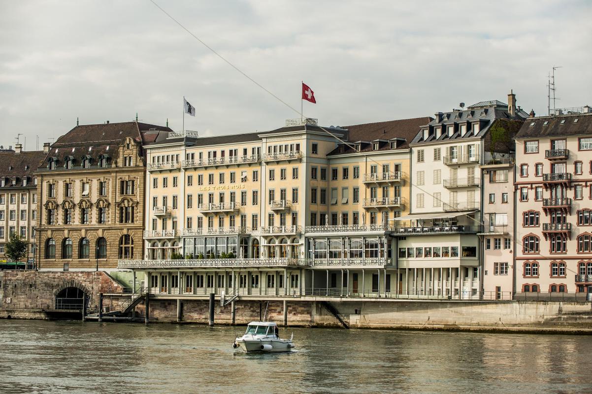Grand Hotel Les Trois Rois facade from Rhine with boat