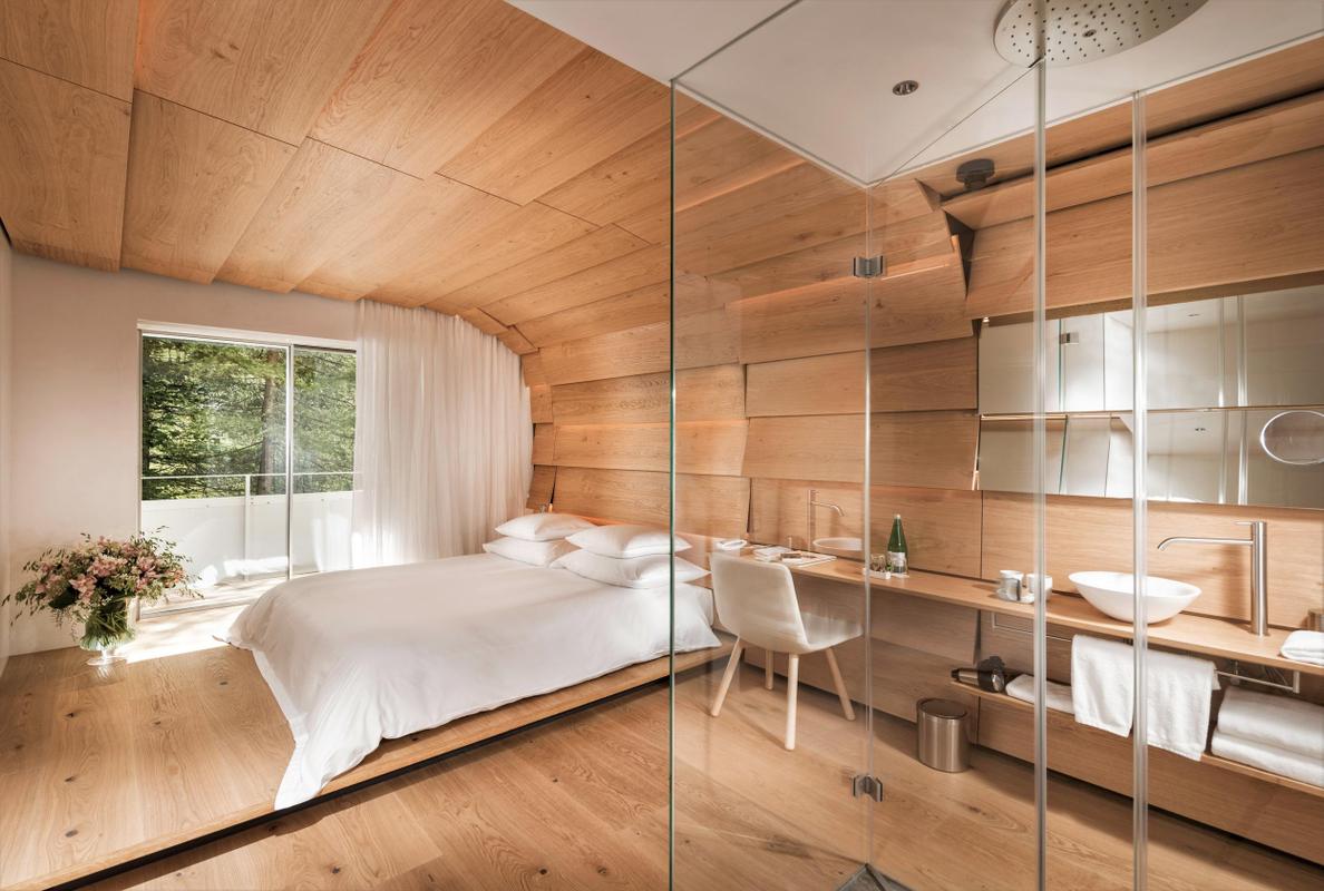 7132 Hotel bedroom with shower