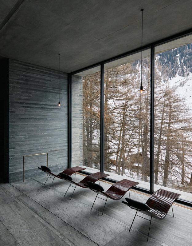7132 Hotel therme indoor lounge area with mountain views